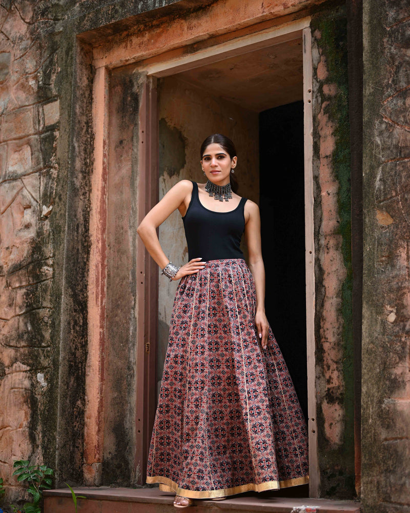 Khushal K Women's Maroon Printed Cotton Flared Maxi Skirt