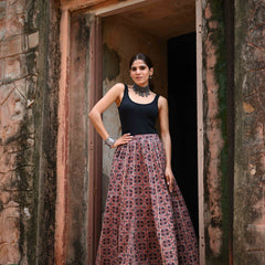 Khushal K Women's Maroon Printed Cotton Flared Maxi Skirt