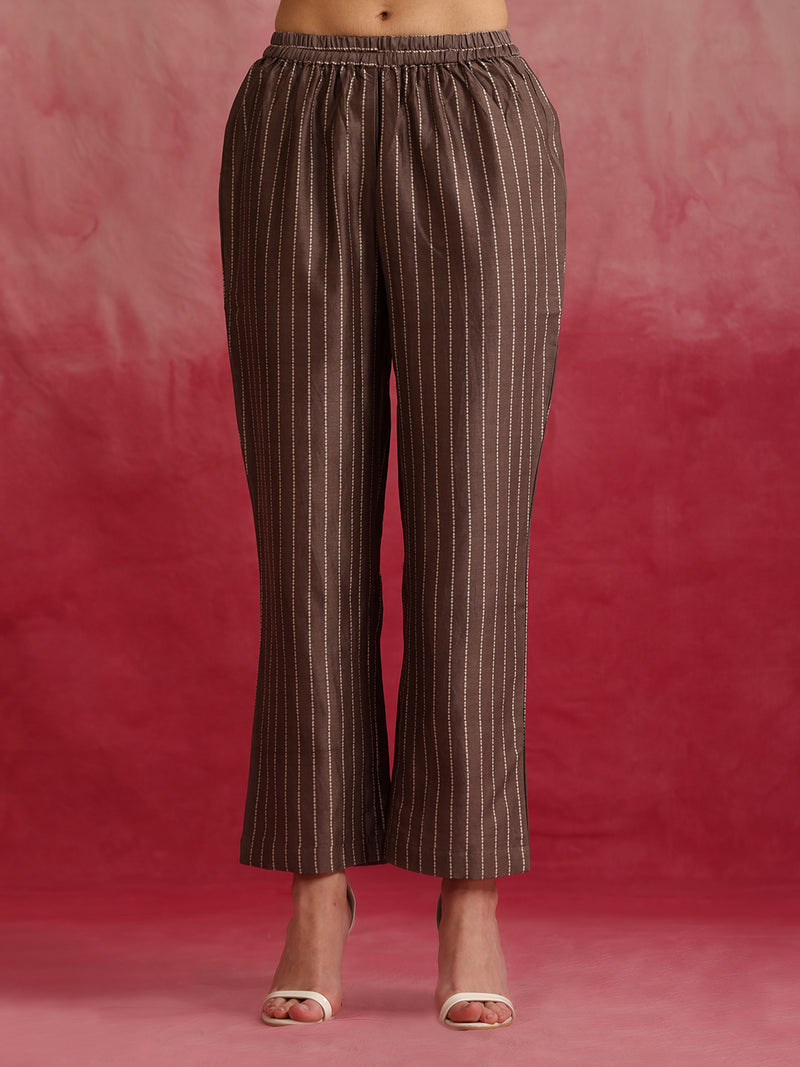 Printed Crop Top & Striped Pant Set with Jacket