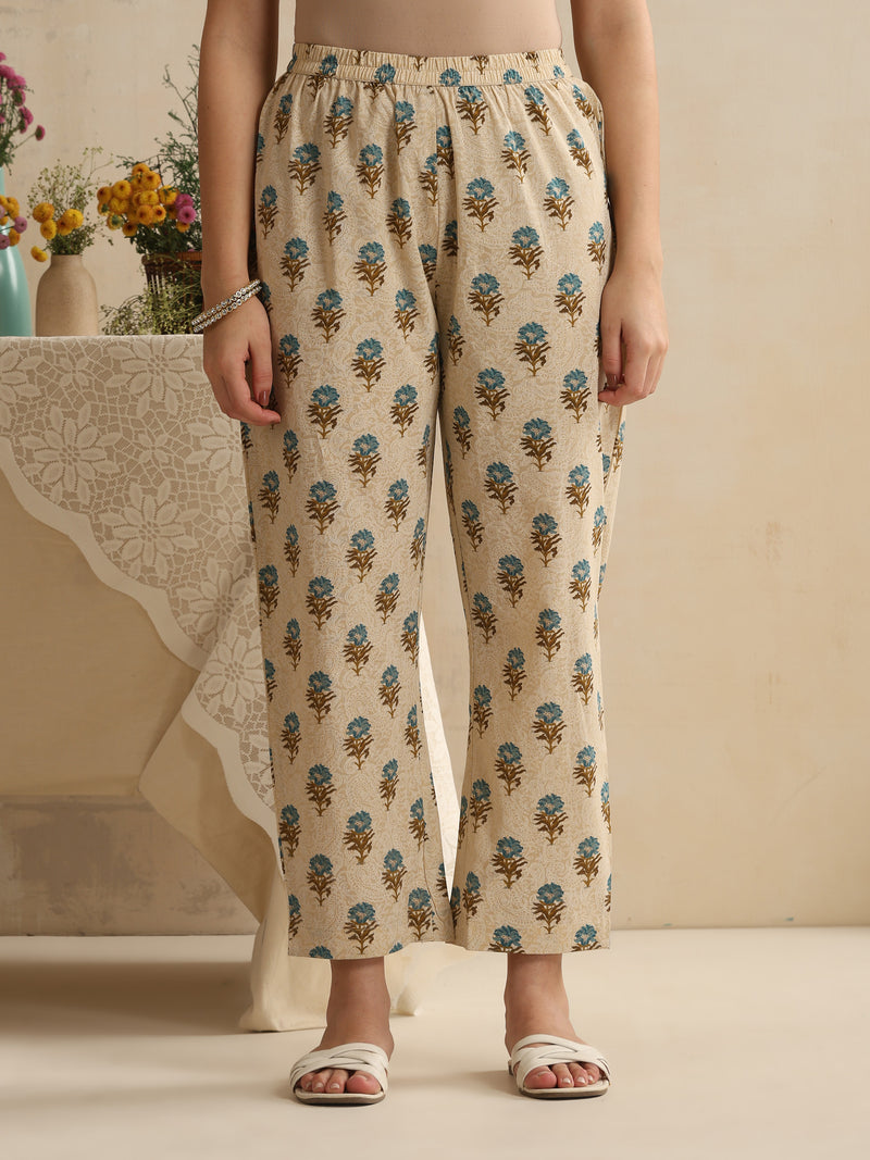 Khushal K Women Cream Floral Printed Regular Pure Cotton Kurta & Palazzo With Dupatta