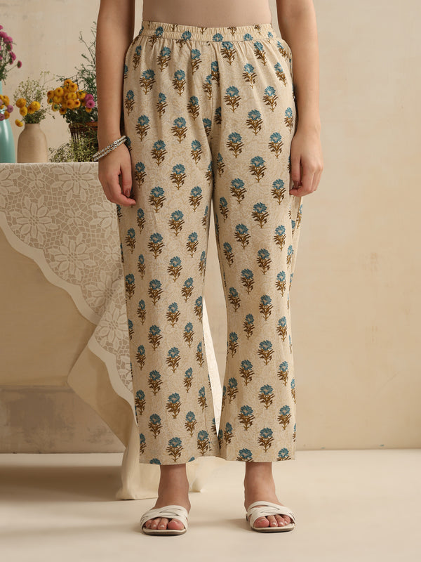 Khushal K Women Cream Floral Printed Regular Pure Cotton Kurta & Palazzo With Dupatta