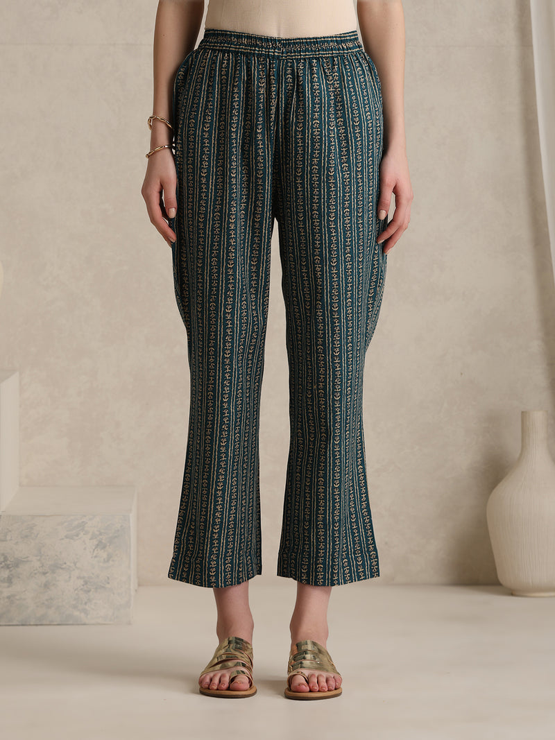 Teal Handblock Printed Cotton Blend Cord Set with Jacket