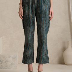 Teal Handblock Printed Cotton Blend Cord Set with Jacket