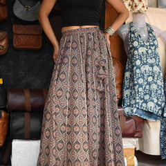 Khushal K Women's Black Printed Cotton Flared Maxi Skirt