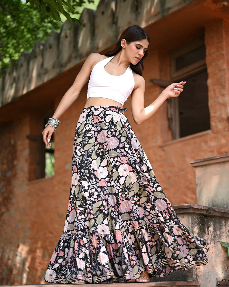 Khushal K Women's Black Printed Cotton Flared Maxi Skirt