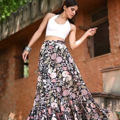 Khushal K Women's Black Printed Cotton Flared Maxi Skirt