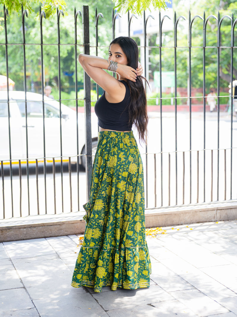 Khushal K Women's Green Printed Cotton Flared Maxi Skirt