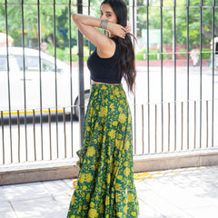 Khushal K Women's Green Printed Cotton Flared Maxi Skirt