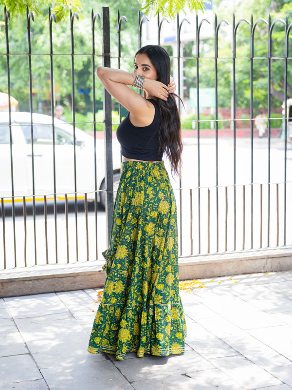 Khushal K Women's Green Printed Cotton Flared Maxi Skirt