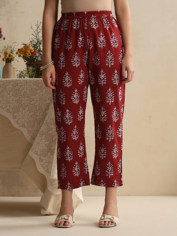 Khushal K Women Floral Printed Regular Pure Cotton Maroon Kurta & Palazzo With Dupatta