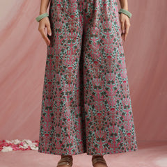 Turquoise Blue & Pink Embroidered Kurta with Palazzos & Dupatta Set