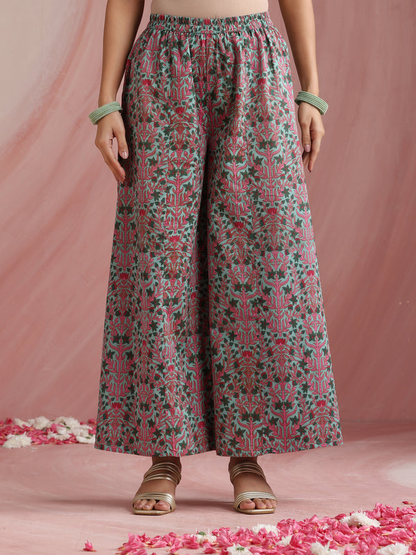 Turquoise Blue & Pink Embroidered Kurta with Palazzos & Dupatta Set
