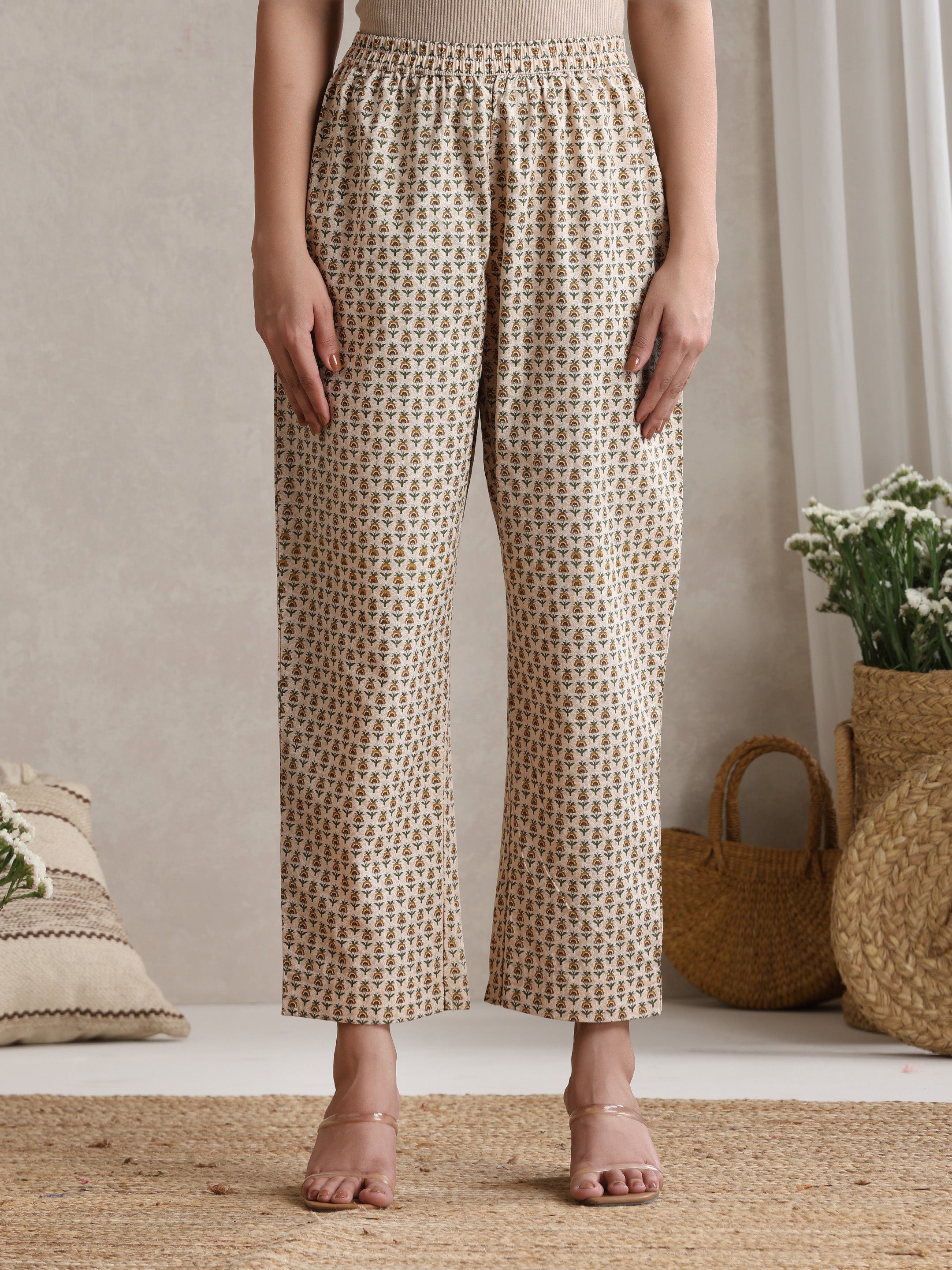 Floral Printed V-Neck Pure Cotton Kurta with Palazzos & With Dupatta