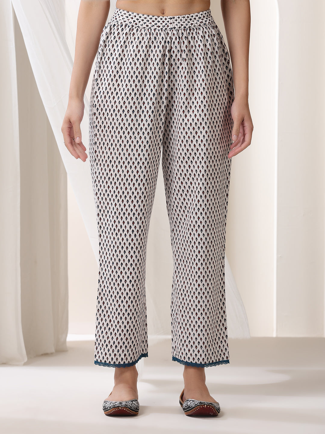 Floral Printed Notch-Neck Pure Cotton Kurta With Trousers And Dupatta