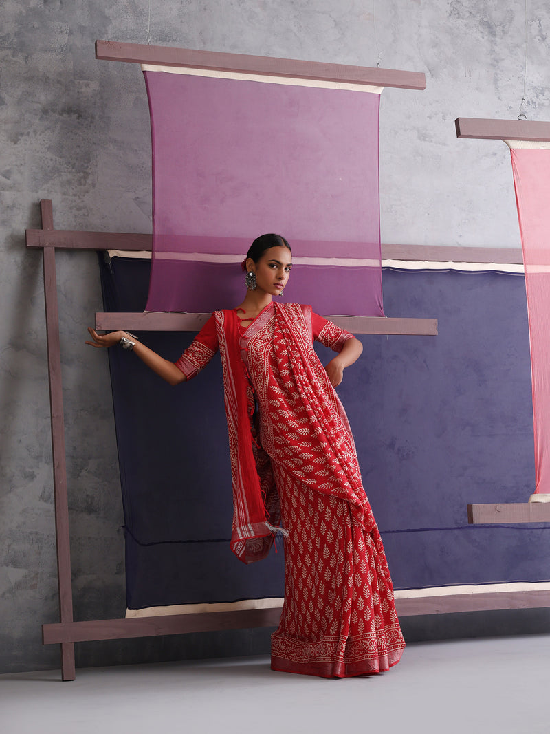 Women Hand Block Cotton Linen Printed saree