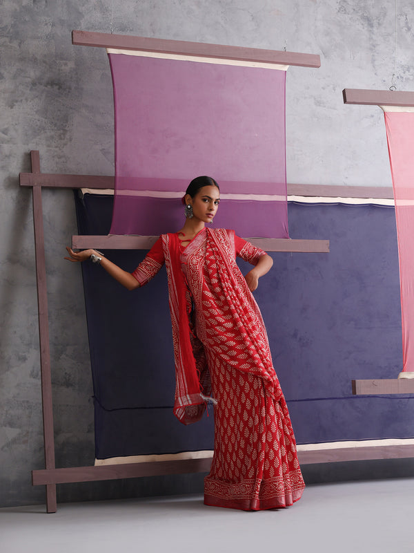 Women Hand Block Cotton Linen Printed saree