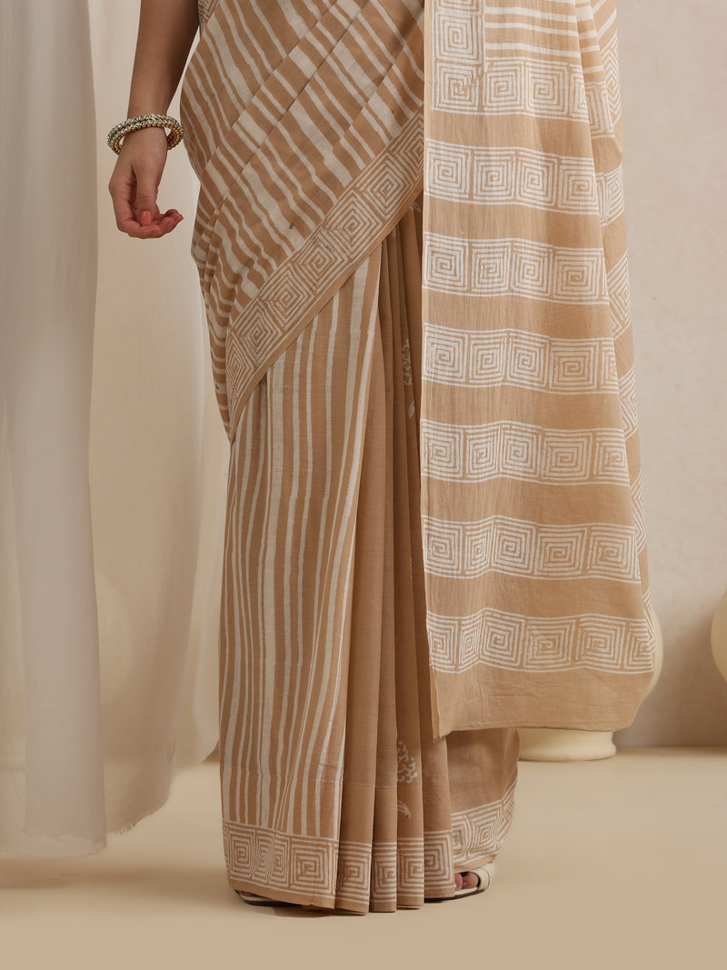 Women Hand Block Brown Pure Cotton Printed Saree