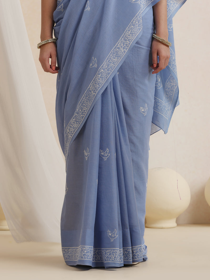Women Hand Block Blue Pure Cotton Printed Saree