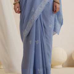 Women Hand Block Blue Pure Cotton Printed Saree