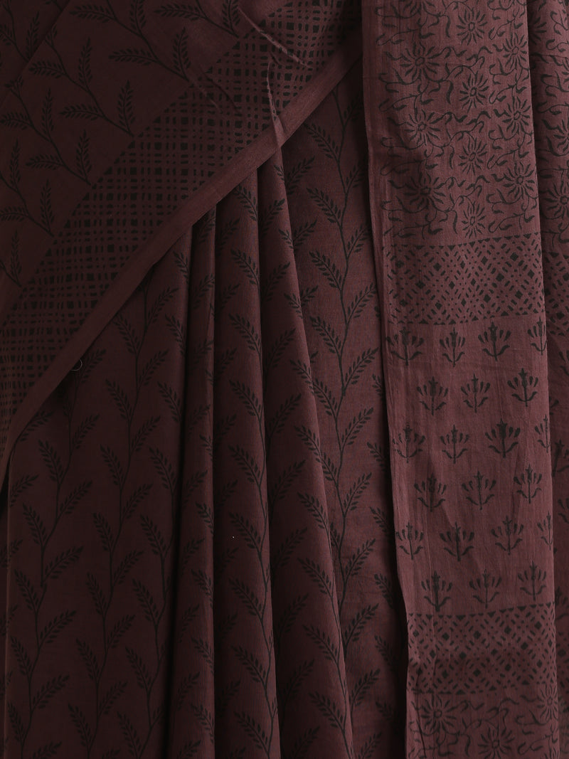Women Hand Block Brown Pure Cotton Printed Saree