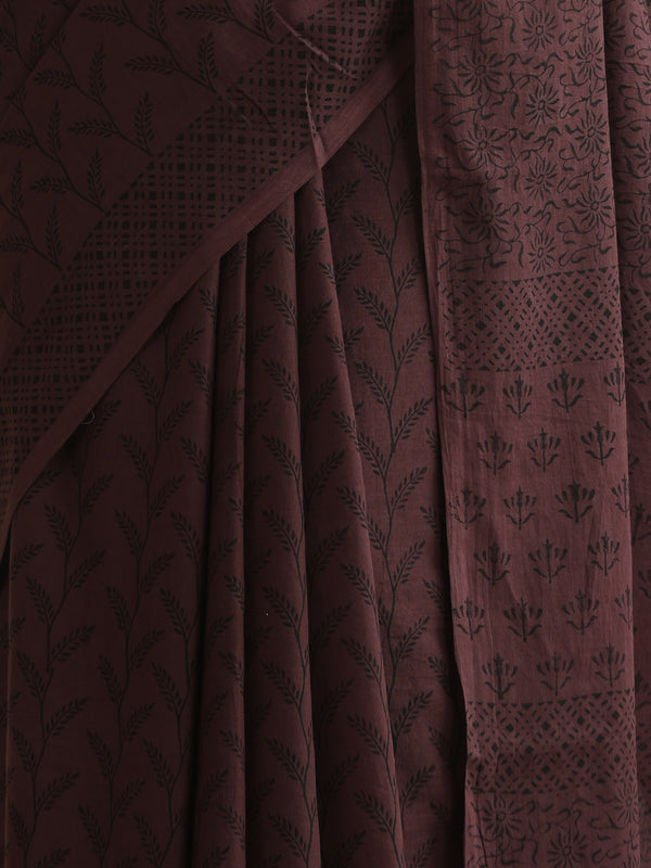 Women Hand Block Brown Pure Cotton Printed Saree