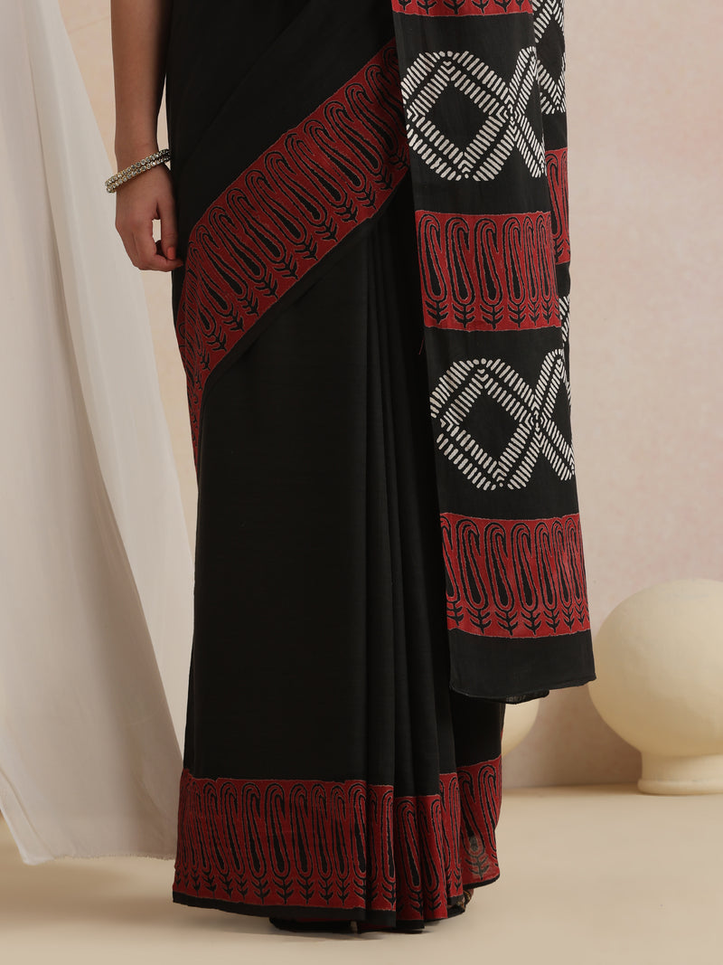 Women Hand Block Black Pure Cotton Printed Saree