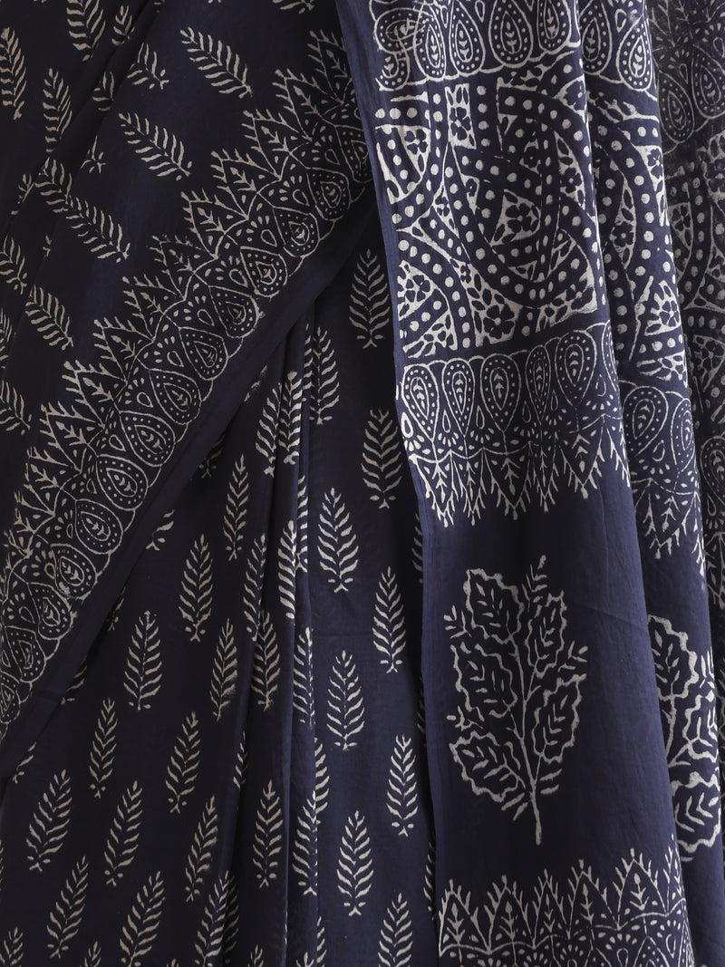 Women Hand Block Blue Pure Cotton Printed Saree