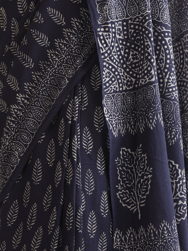 Women Hand Block Blue Pure Cotton Printed Saree