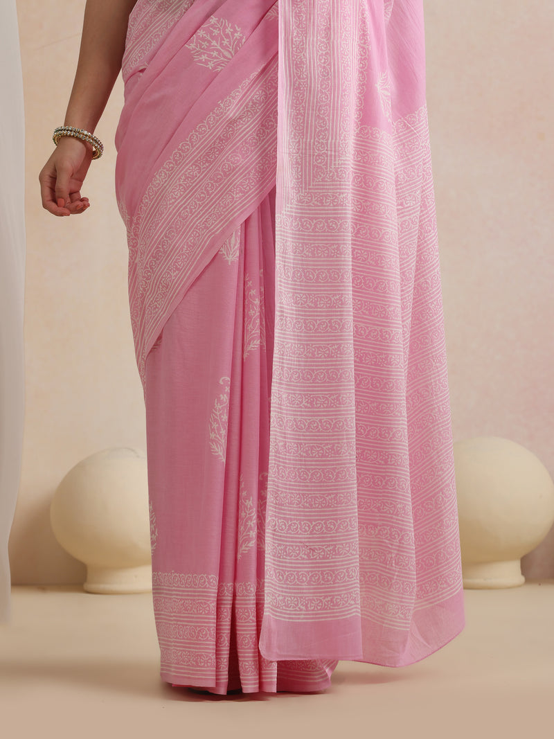 Women Hand Block Pink Pure Cotton Printed Saree