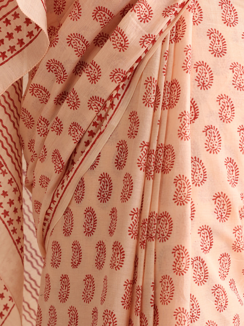 Women Hand Block Peach Pure Cotton Printed Saree