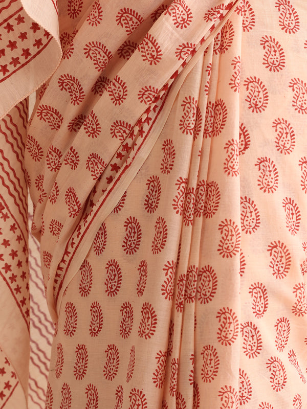 Women Hand Block Peach Pure Cotton Printed Saree
