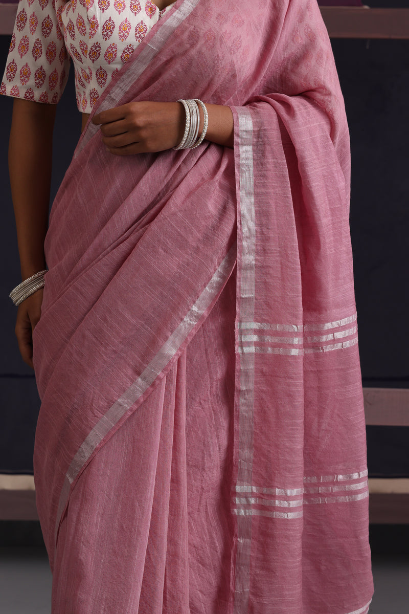 Women Cotton Pink Linen Printed Saree