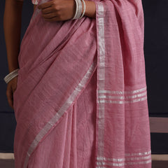 Women Cotton Pink Linen Printed Saree