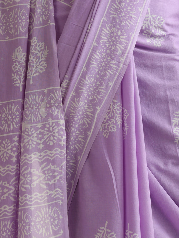Women Hand Block Purple Pure Cotton Printed Saree