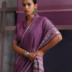 Women Hand Block Purple Cotton Linen Printed Saree