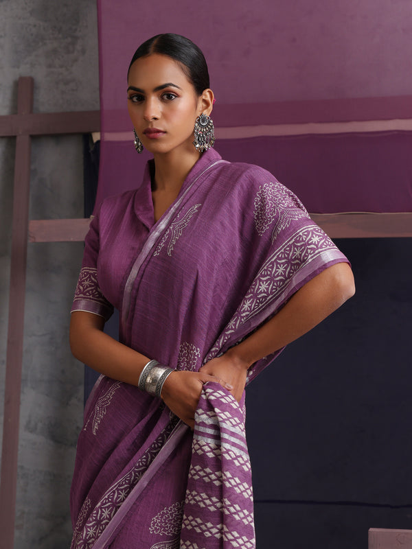 Women Hand Block Purple Cotton Linen Printed Saree