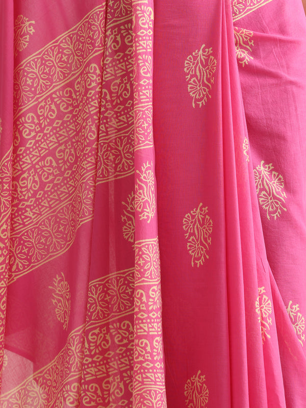 Women Hand Block Pink Pure Cotton Printed Saree