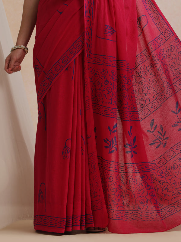 Women Hand Block Pink Pure Cotton Printed Saree