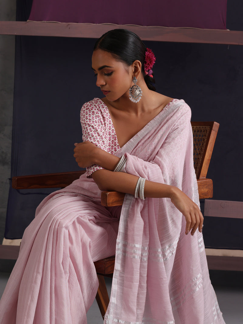 Women Cotton Pink Linen Printed Saree