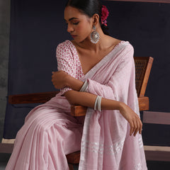 Women Cotton Pink Linen Printed Saree