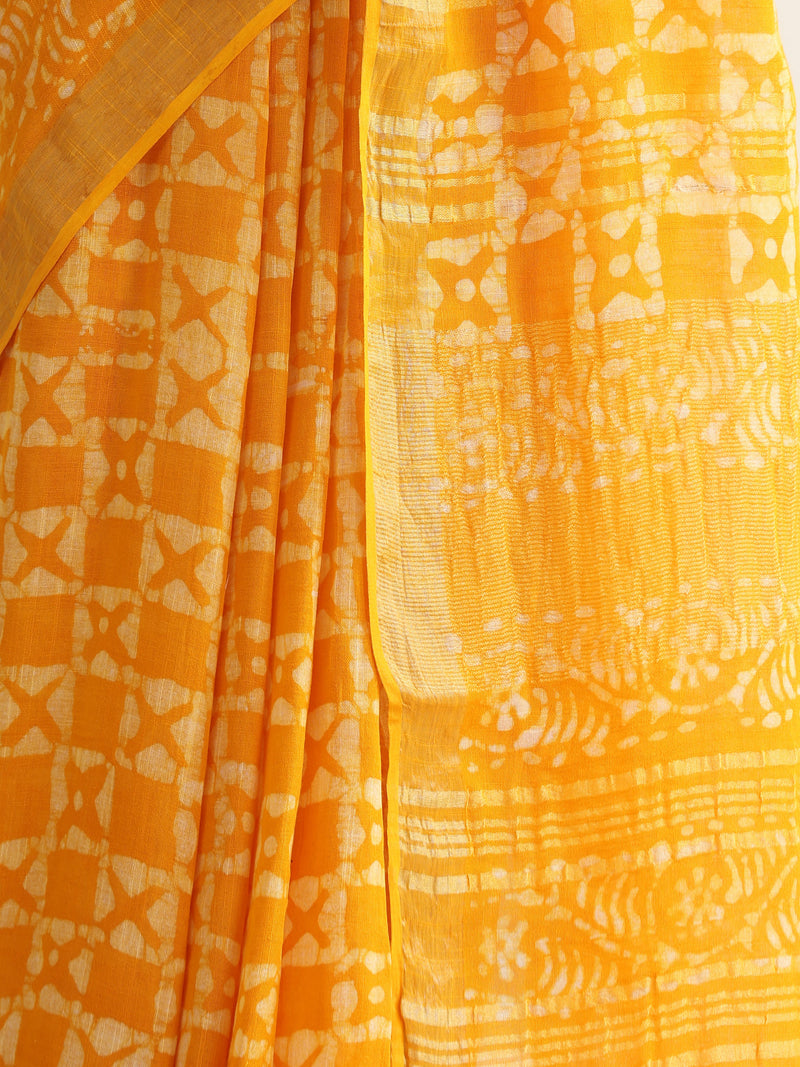 Women Hand Block Yellow Cotton Linen Printed Saree