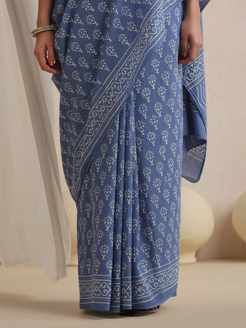 Women Hand Block Blue Pure Cotton Printed Saree