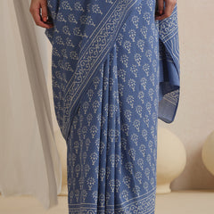 Women Hand Block Blue Pure Cotton Printed Saree