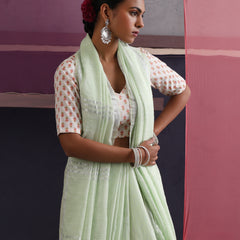 Women Cotton Green Linen Printed Saree