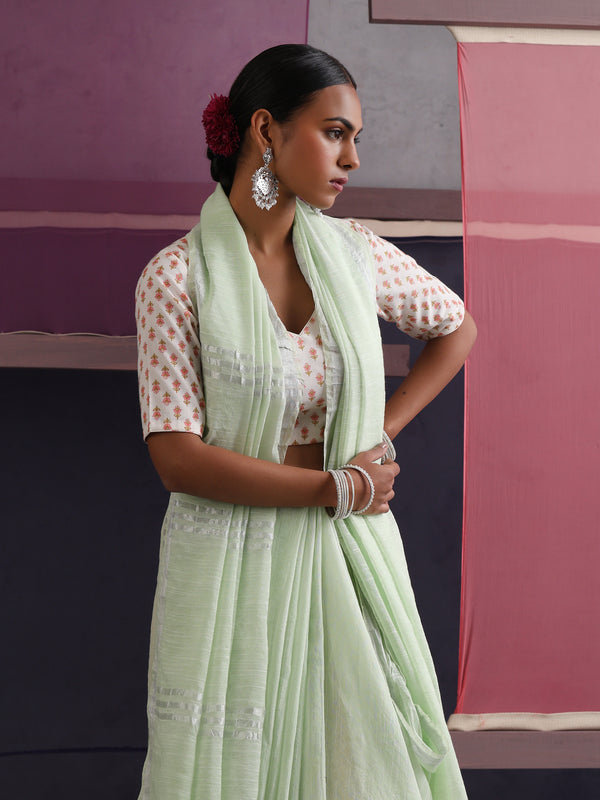 Women Cotton Green Linen Printed Saree