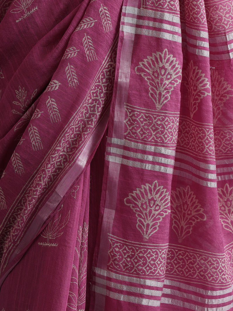 Women Hand Block Pink Cotton Linen Printed Saree