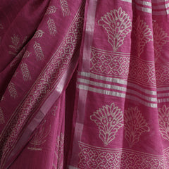 Women Hand Block Pink Cotton Linen Printed Saree