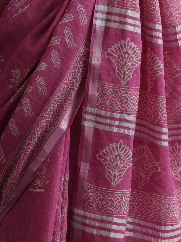 Women Hand Block Pink Cotton Linen Printed Saree