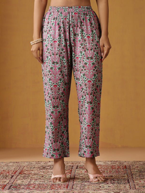 Khushal K Floral Printed Mandarin Collar Pure Cotton A-Line Kurta set