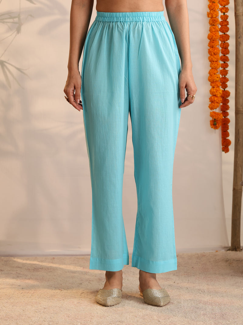 Khushal K Women Cotton Kurta and Palazzo With Dupatta Set - Turquoise Blue